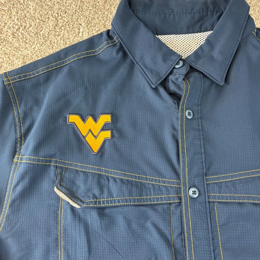Columbia‎ PFG WVU Blue Mountaineers Button Up Fishing Shirt Mens Short Sleeve